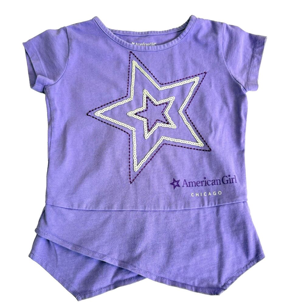 Girl's American Girl Chicago Purple Sequin Star Shirt Cotton Peplum Sz S 7/8